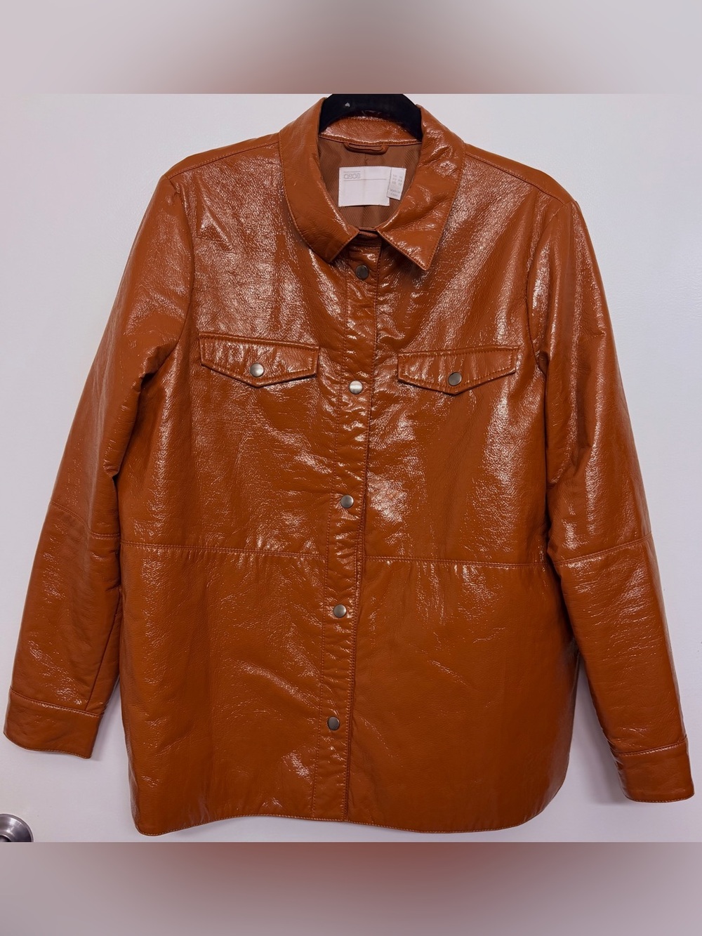 ASOS Shiny Textured Vinyl Shacket in Cognac Brown